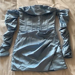 Pretty Little Thing PLT Label Blue Satin Corset Ruched Sleeve Bodycon Dress